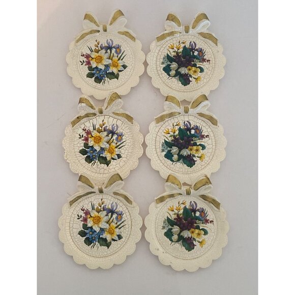 VTG BON JOUR Coasters Crack Floral Design Stand Holder 6 Piece KOREA - Picture 2 of 13